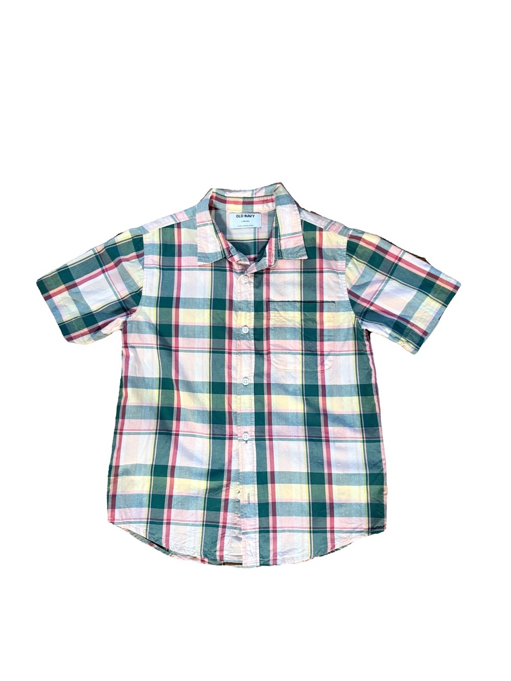 Kids Old Navy Green, Pink & Yellow Plaid Short-Sleeve Button-Down Shirt Large